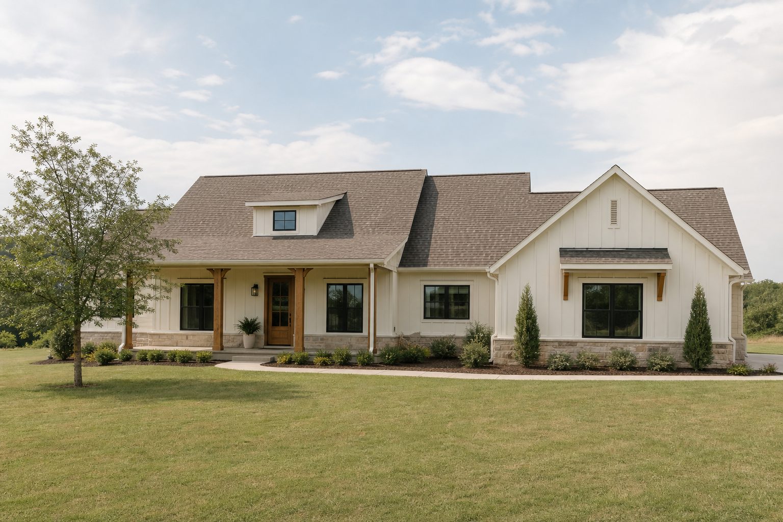 A finished roof on a single-family home, shown wide and eye-level